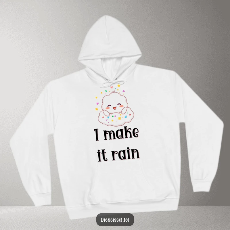 Funny hoodie design featuring a beaming, fluffy cloud character releasing a delightful downpour of diverse, colorful stickers.