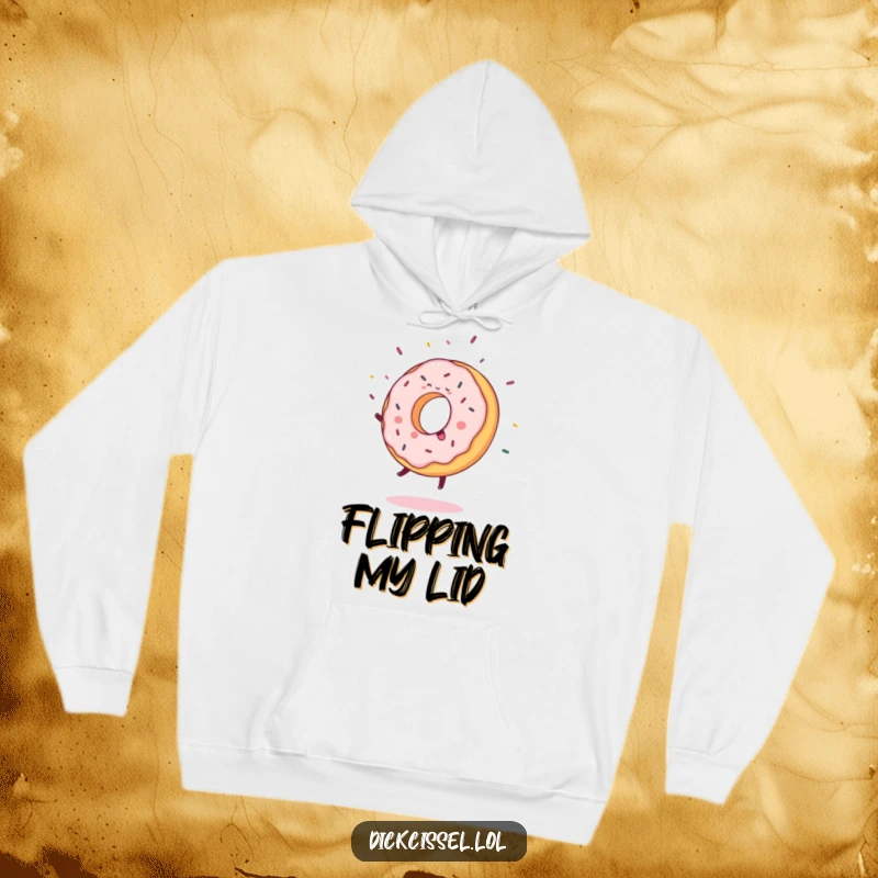 Funny Hoodie depicting a sweet donut joyfully performing a cartwheel, with vibrant sprinkles flying all around.