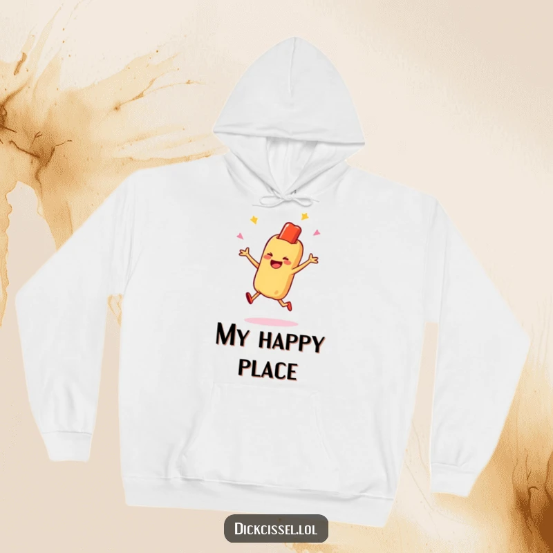 Funny hoodie showcasing a smiling hot dog character enthusiastically jumping for joy, perfect for cozy celebrations, an excellent funny gift.