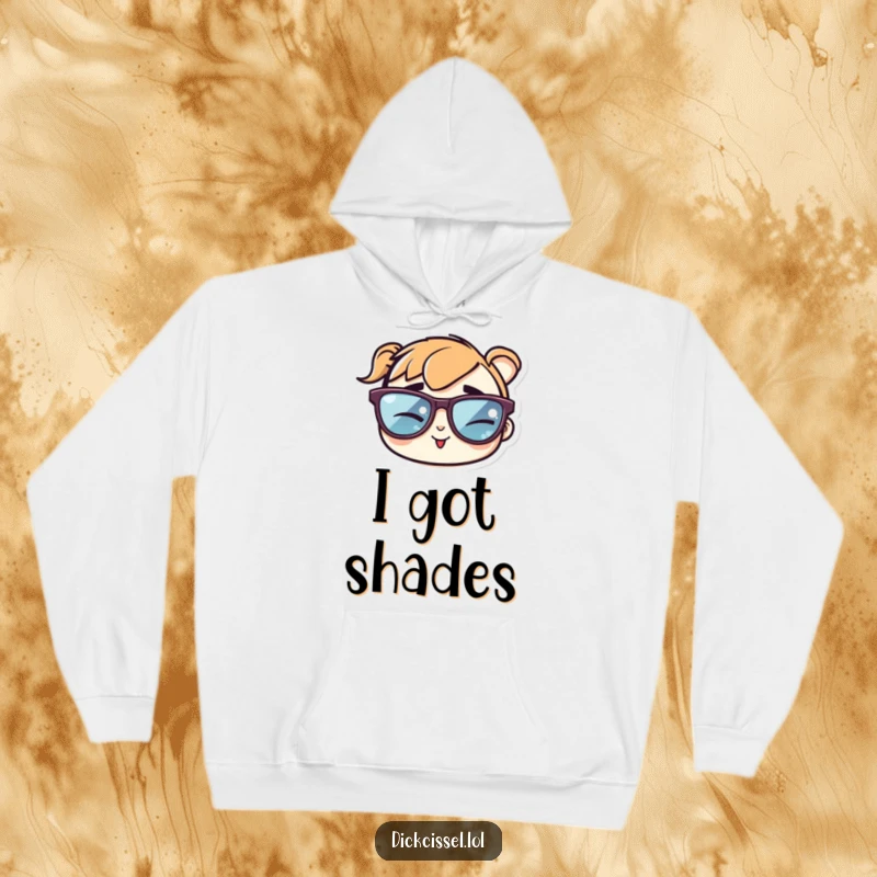 Funny hoodie featuring a sticker of cool sunglasses winking cheekily, providing warmth with a dose of attitude.