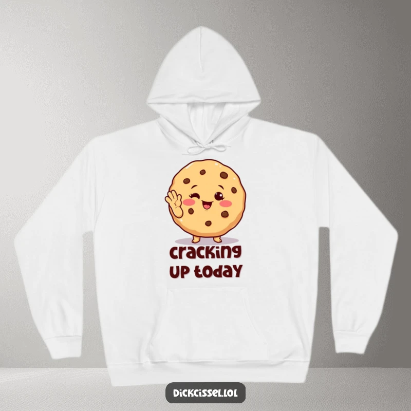 Funny winking cookie hoodie featuring a cheerful cookie giving a wink and a wave, cozy and inviting.