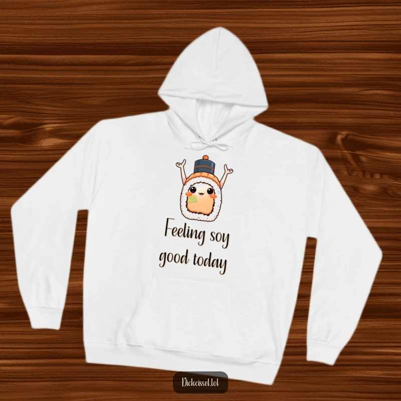 Funny sushi celebration hoodie featuring a cheerful sushi piece with arms up in celebration and a tiny hat, cozy and fun.