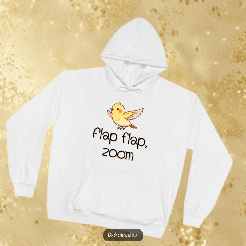Funny hoodie featuring a tiny bird energetically flapping its wings, appearing to hover with dynamic movement.