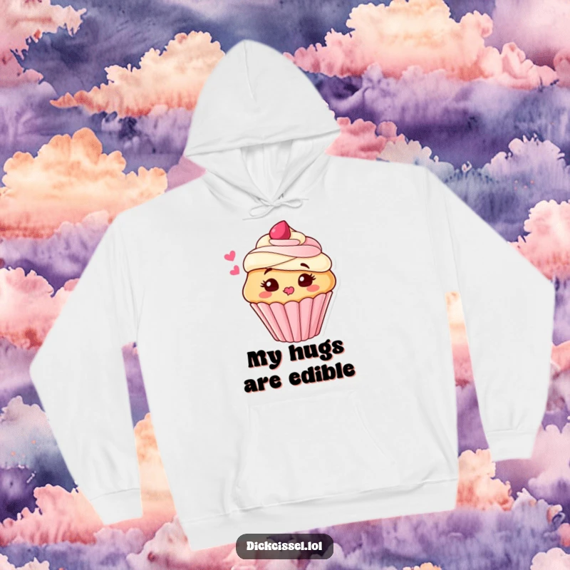 Funny Hoodie featuring a lovable cupcake character sending a sweet kiss of frosting, perfect for cozy, humorous moments.