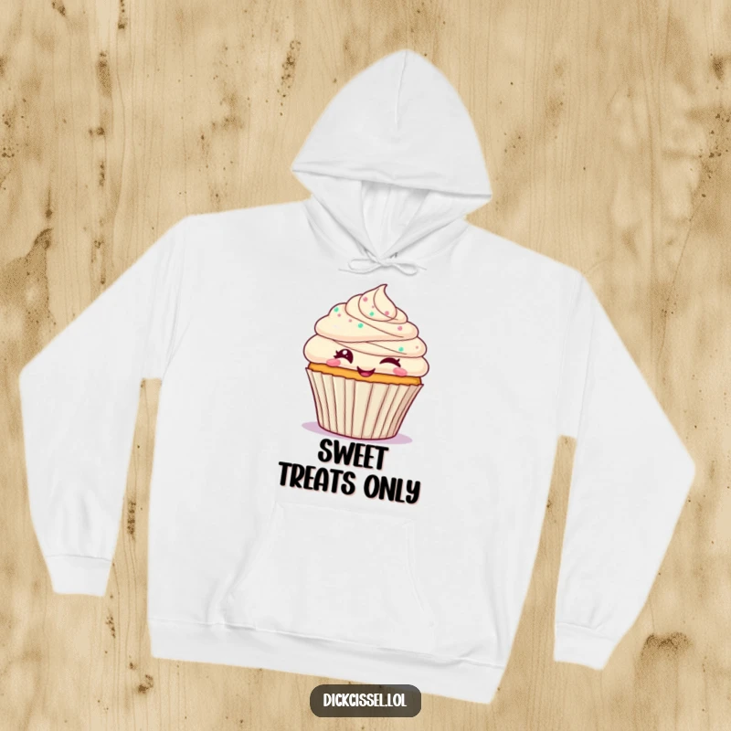 Funny cupcake hoodie with a frosted cupcake character winking playfully, offering cozy comfort and sweet style for everyday wear.