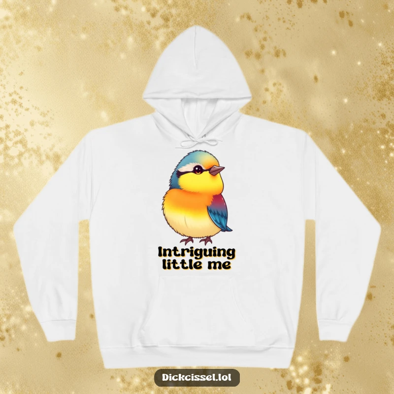 Funny hoodie featuring a small, plump bird with vibrant colors, tilting its head inquisitively, radiating humor and charm.