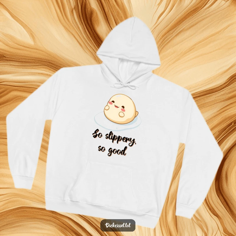 Funny hoodie depicting a cheerful dumpling character gleefully sliding down a slick surface, embodying playful adventure.