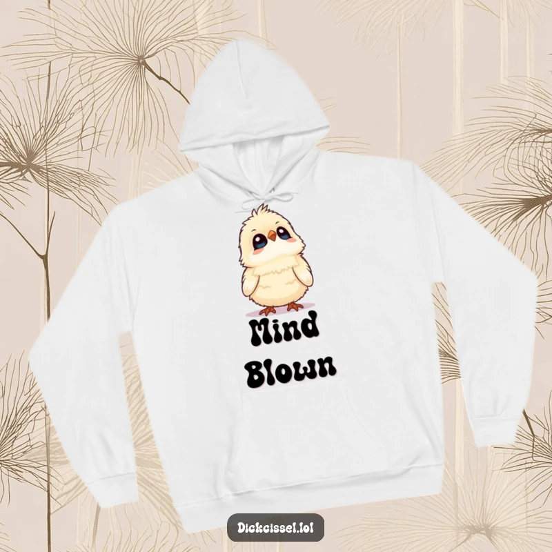 Funny hoodie featuring a fluffy bird looking upwards with wide, wondering eyes, embodying curiosity and coziness. Comfortable apparel.