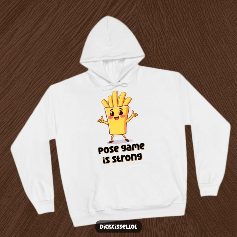 Funny Hoodie featuring a cheerful french fry character in a dynamic pose, perfect for staying warm and looking stylish.