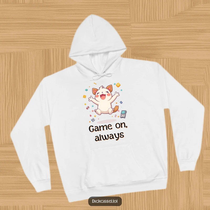 Funny creature jumping for joy, surrounded by game icons, depicted on a cozy hoodie, embodying gaming excitement and comfort.
