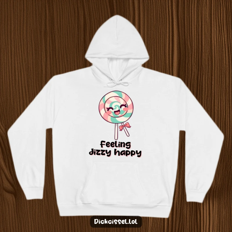 Funny lollipop hoodie with a cheerful lollipop character spinning with exaggerated glee, providing cozy comfort and a happy vibe.