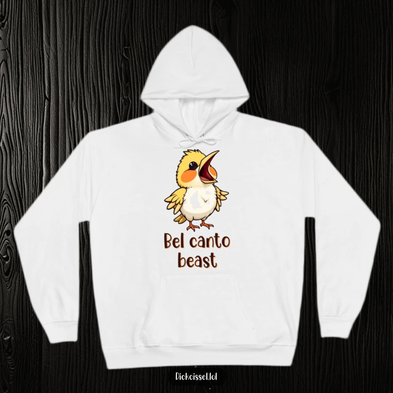 Funny hoodie illustrating a bird belting out an opera tune with its beak wide open, full of theatrical flair. Comfortable apparel.