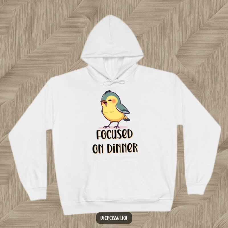 Funny hoodie featuring a stylized dickcissel bird intently and excitedly pecking at a tiny, glowing dot.