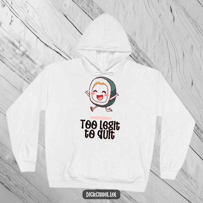 Funny hoodie showcasing a smiling sushi roll performing an energetic leap, offering warmth and playful humor.