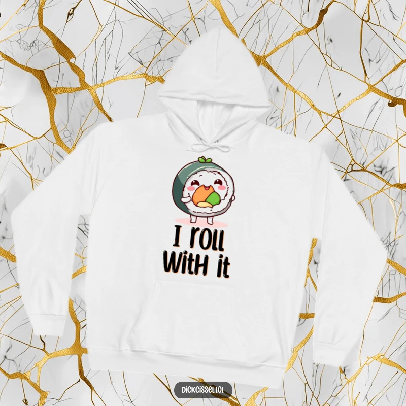 Funny sushi roll hoodie, character offering a delicious bite, ideal for cozying up. A warm and humorous apparel piece for sushi fans.