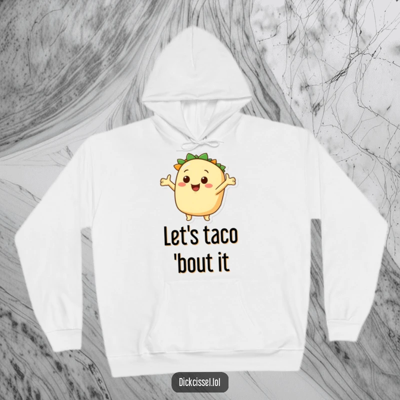 Funny taco explorer hoodie, smiling character with open arms, inviting cozy adventures. Warm and humorous apparel for food lovers.