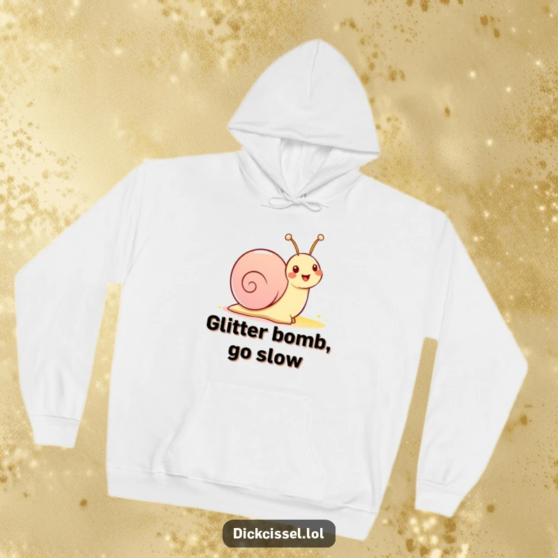 Funny hoodie with a happy snail character leaving a vibrant, sparkly trail, designed for ultimate comfort and humor.