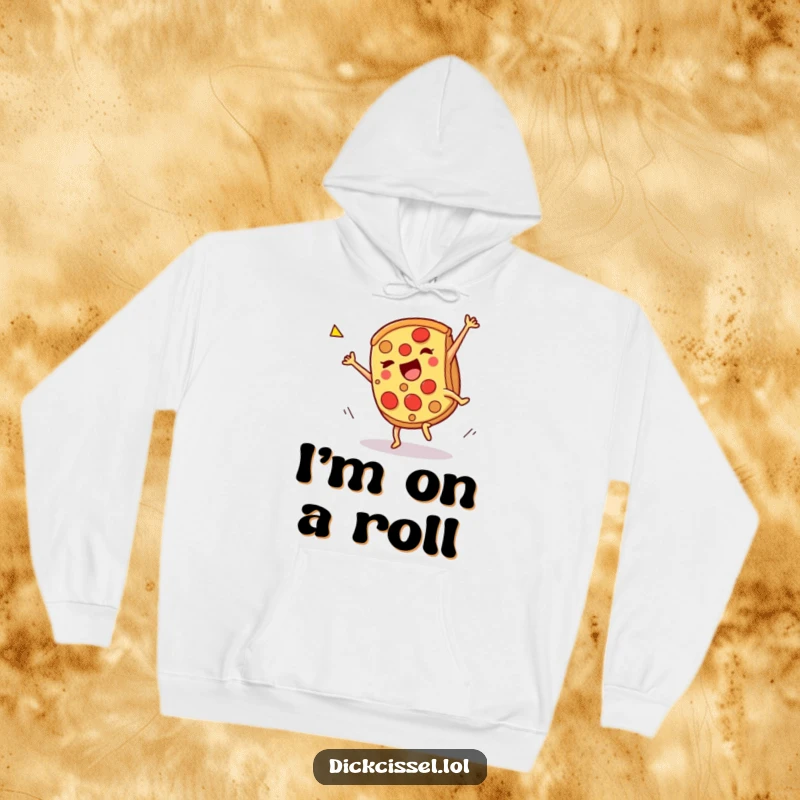 Funny pizza cartwheel hoodie, a slice doing a celebratory spin, perfect for cozying up. Warm and humorous apparel for pizza fans.