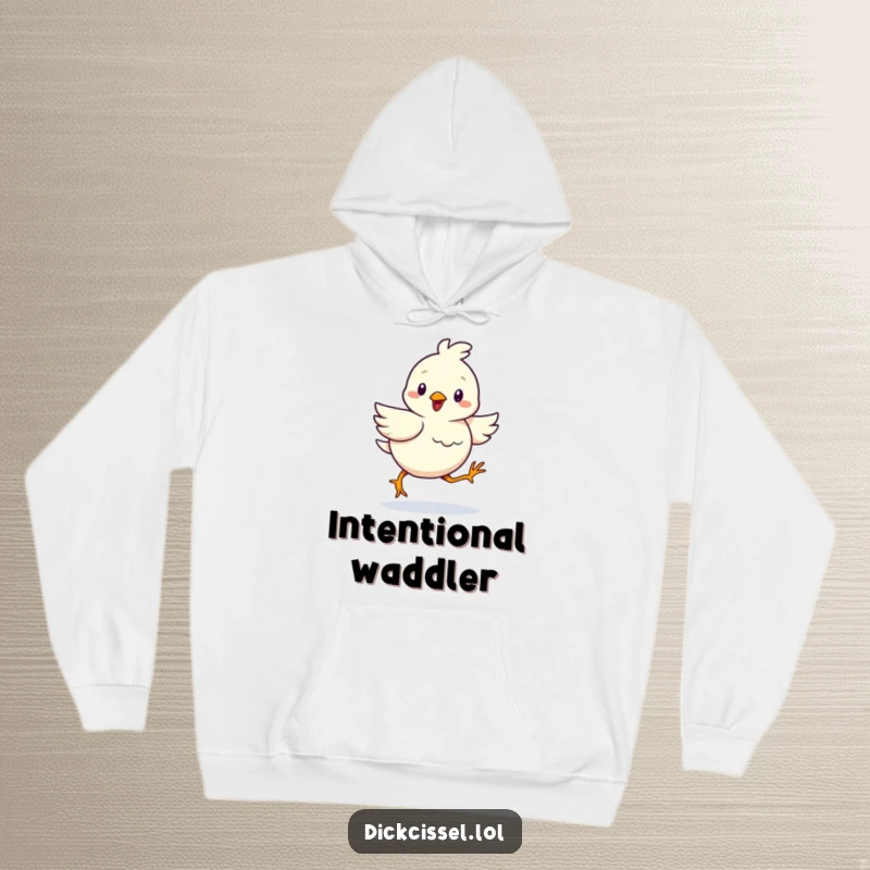 Funny hoodie featuring a cheerful bird enthusiastically waddling forward with a determined hop, inspiring action.