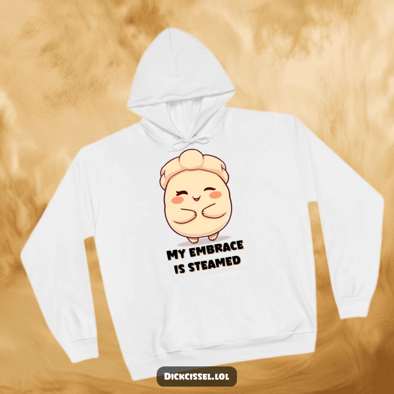 Funny Hoodie featuring a winking dumpling character offering a warm embrace, perfect for cozy days and spreading gentle cheer.