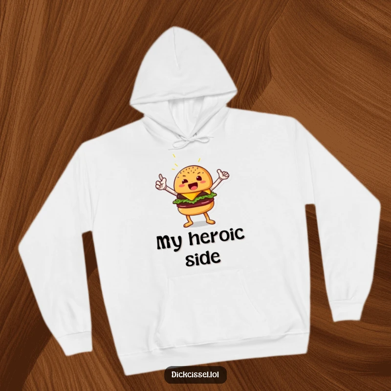 Funny hoodie depicting a beaming burger character striking a valiant pose, exuding confidence and culinary might, an excellent funny gift.