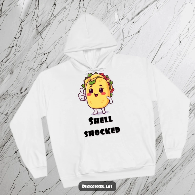 Funny hoodie depicting a happy taco character giving a surprised thumbs up, offering warmth and laughter.