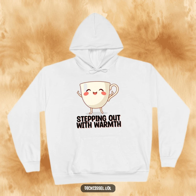 Funny dancing teacup hoodie with a cheerful teacup on tiny legs performing a happy dance, offering comfort and humor.