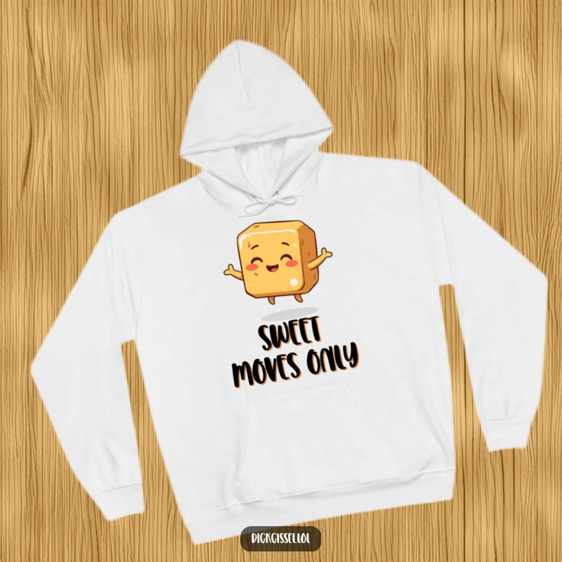 Funny Hoodie featuring a jubilant caramel cube engaged in a delightful, wobbly dance, bringing cozy cheer and sweetness.