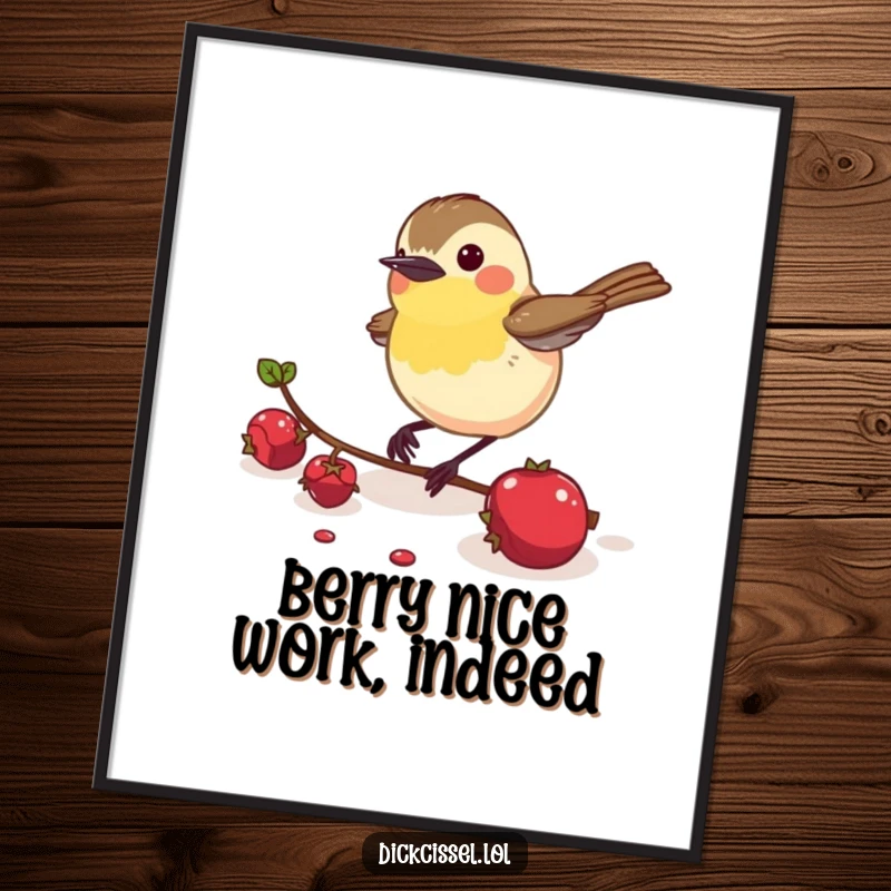 Funny Free Printable Dickcissel Wall Art: An energetic bird engrossed in pecking a fallen berry, showcasing nature's vitality.