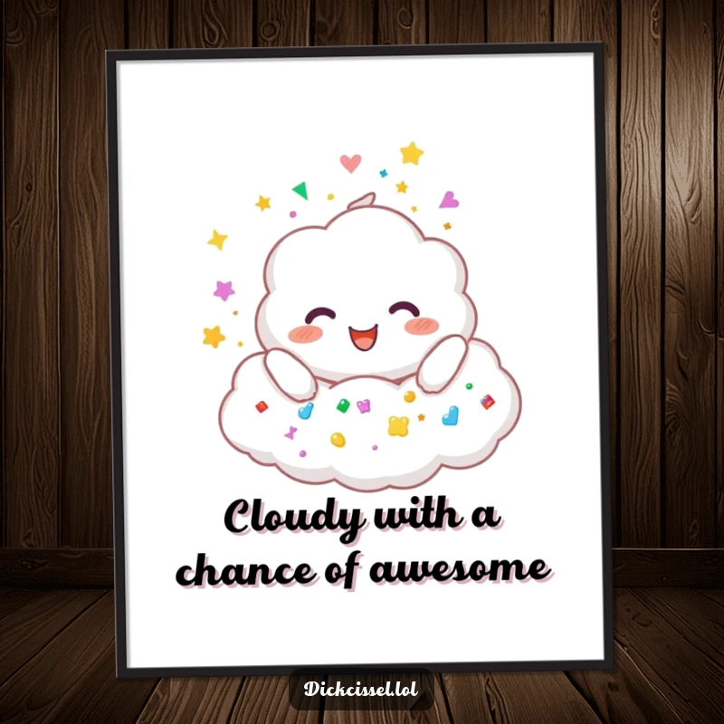 Funny Free Printable Wall Art featuring a fluffy cloud character joyfully raining colorful stickers, adding whimsical charm to any room.