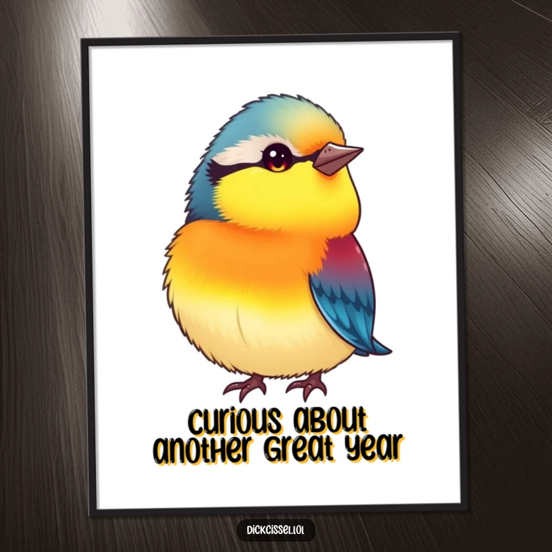 Funny Free Printable Wall Art: Small plump bird with vibrant colors tilting its head inquisitively, a curious downloadable decor piece.