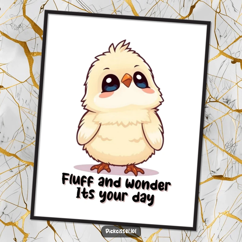 Funny Free Printable Wall Art showing a fluffy bird tilting its head upwards, eyes wide with wonder, creating a whimsical atmosphere.