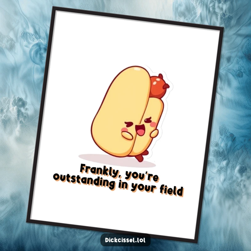 Funny free printable wall art of a smiling hot dog character tripping over its bun, a comical kitchen or dorm decor.