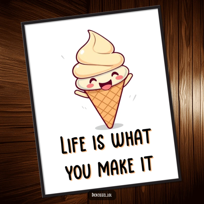 Funny Free Printable Wall Art of a gleeful ice cream cone doing a joyful spin, perfect for kitchens.