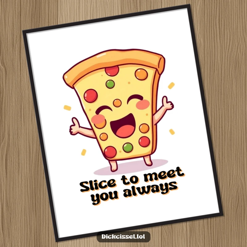 Funny Free Printable Wall Art of an excited pizza slice giving a happy wink, perfect for kitchens.