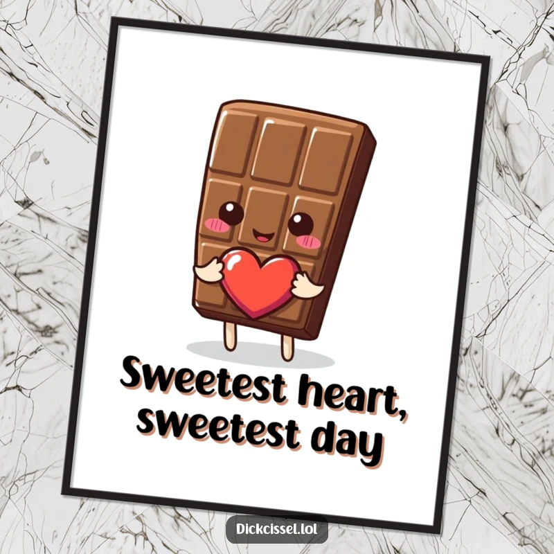 Funny free printable wall art of a chocolate piece happily offering a heart, adding a sweet and humorous vibe.