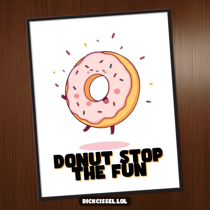 Funny Free Printable Wall Art: A sweet donut doing a joyful cartwheel with colorful sprinkles flying everywhere.