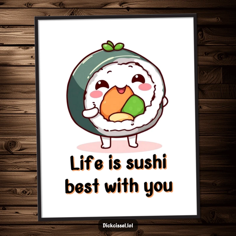 Funny Free Printable Wall Art: A happy sushi roll character offers a delicious bite, adding a humorous and artistic touch to any room.