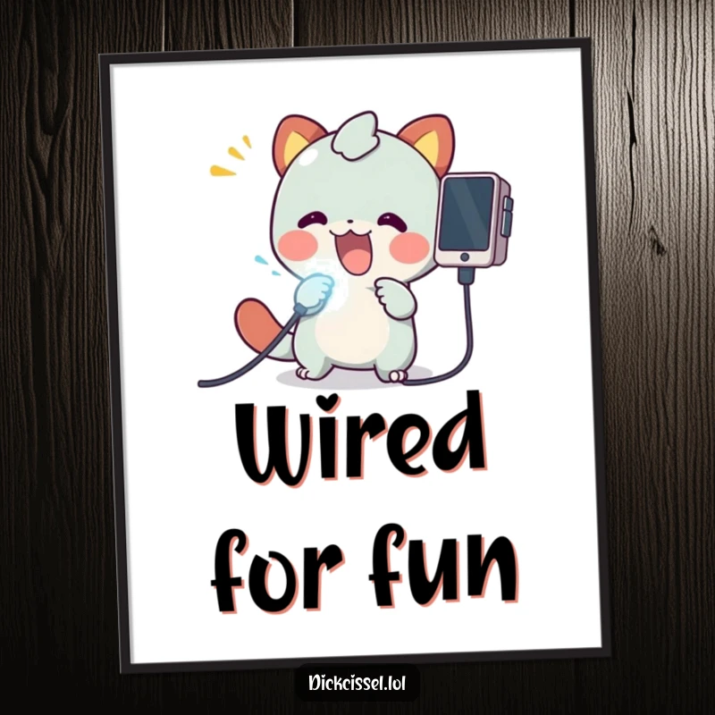 Funny Free Printable Wall Art: Creature enthusiastically plugging a bright glowing cable into a device, representing innovation and connection.