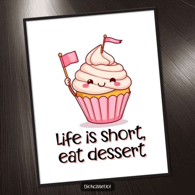 Funny Free Printable Wall Art depicting a smiling cupcake character cheerfully waving a small flag, perfect whimsical home decor.