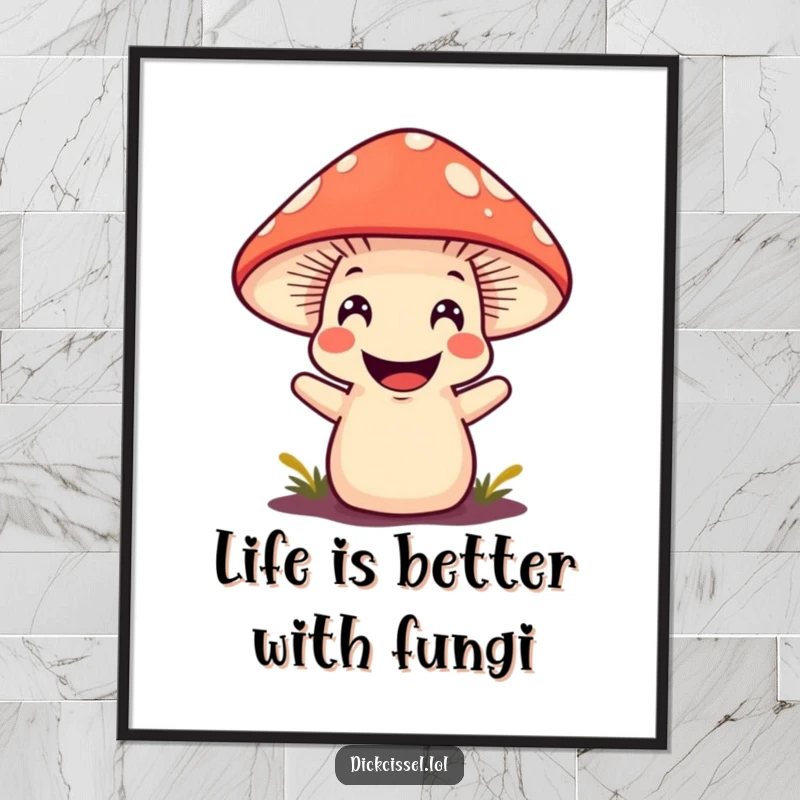 Funny Free Printable mushroom character popping up with a big grin, whimsical wall art.