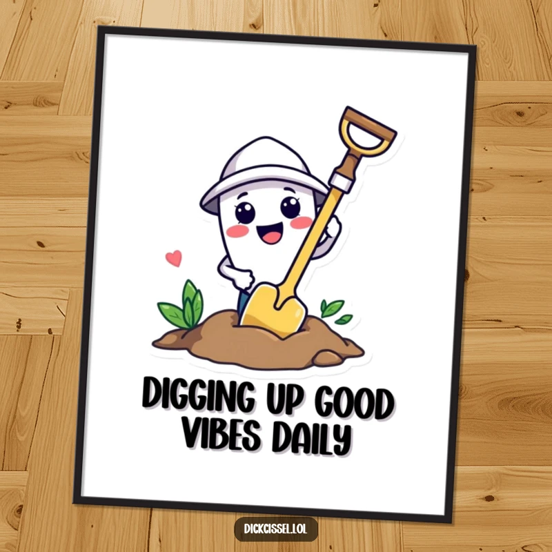 Funny Free Printable trowel character digging with great excitement, perfect for wall art.