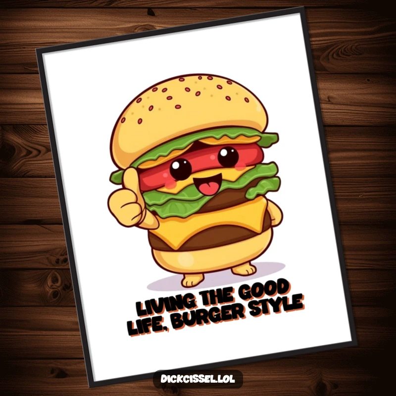 Funny Free Printable Wall Art of a happy burger character giving a proud thumbs up, ideal for kitchen or man cave.