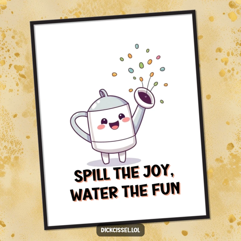 Funny Free Printable watering can character spraying a vibrant, joyful rainbow, whimsical wall art.