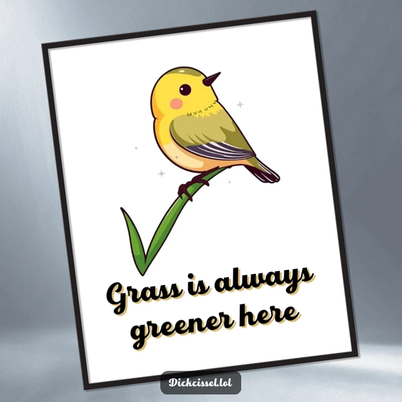 Funny Free Printable Wall Art showing a dickcissel bird humorously perched precariously on the very tip of a blade of grass.
