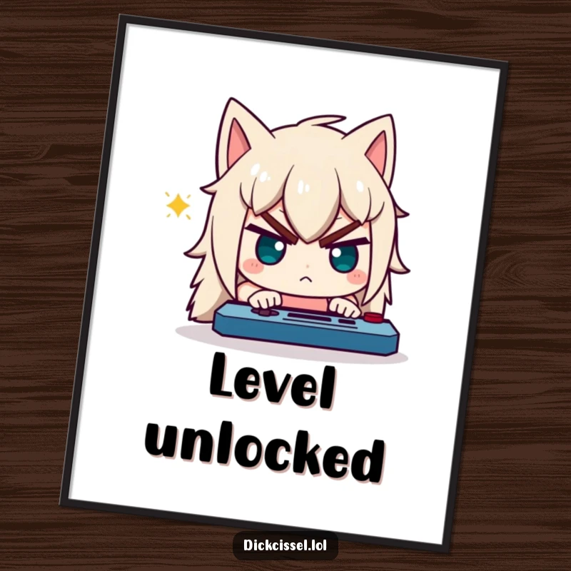 Funny Free Printable Wall Art: Character with a comically determined expression, totally absorbed in playing a video game.