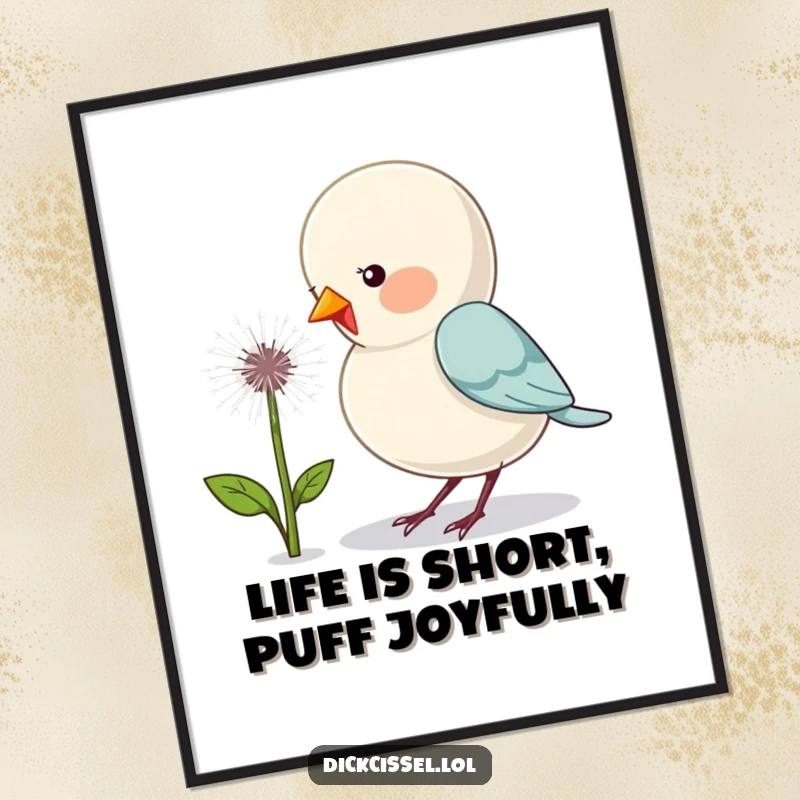 Funny Free Printable Wall Art: A charming bird humorously pecking at a fluffy dandelion puff, bringing smiles.