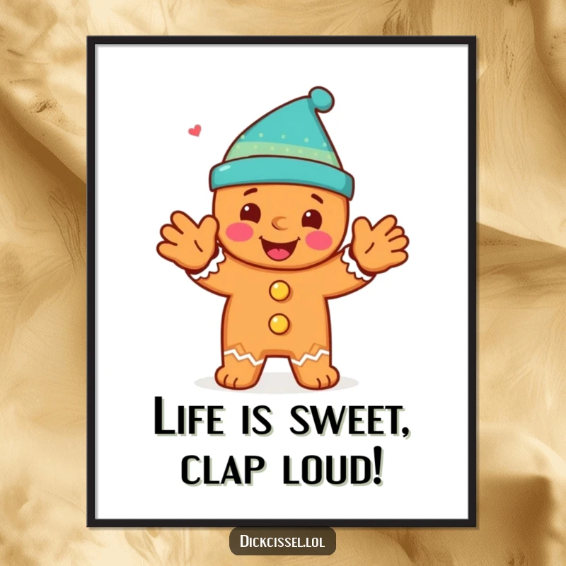 Funny Free Printable Wall Art: A happy gingerbread man clapping energetically, adding a festive vibe to any room.