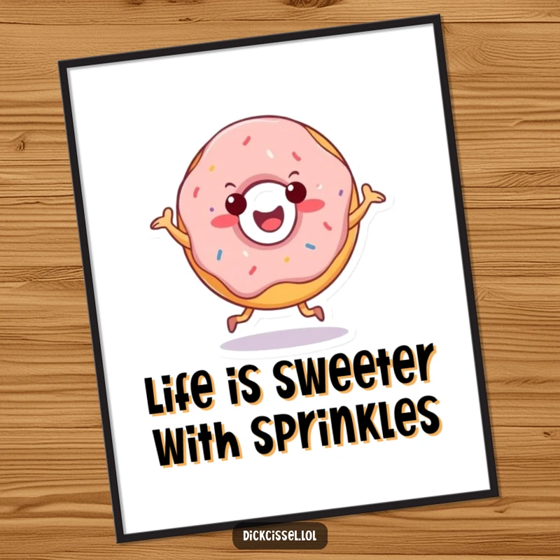 Funny Free Printable Wall Art of a cheerful doughnut character doing a happy jig, bringing sweet vibes.