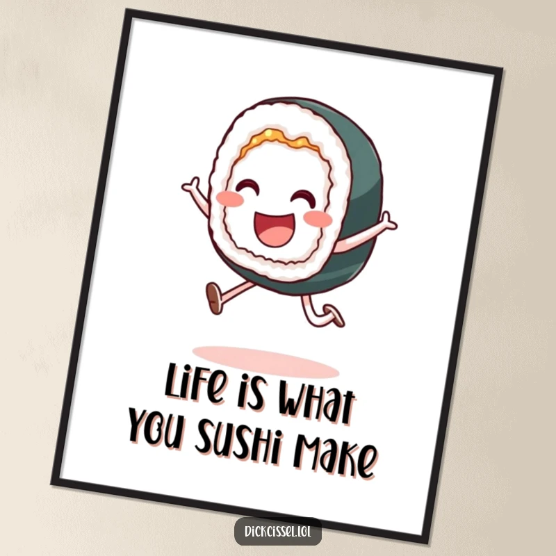 Funny Free Printable Wall Art of a smiling sushi roll performing a playful leap, adding culinary fun.